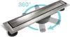 A stainless steel linear shower drain with a rotating siphon mechanism, shown on a white background with a graphic indicating 360-degree rotation. Produktbild-Vorschau