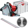 A Mafell MT 55 cc plunge saw, a guide rail, a saw blade, and a storage case are displayed against a white background. Produktbild-Vorschau