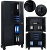 A collage of images showing a black metal storage cabinet with multiple doors and shelves, some of which are open to reveal organized contents like binders and trays. Close-up views of the cabinet's lock and interior are also included. Produktbild-Vorschau