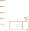 A line drawing of a sideboard with a lamp and a plant on top, next to a height chart. Podgląd zdjęcia produktu