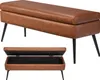 A brown faux leather storage bench with black metal legs is shown from two angles: one showing the bench closed and the other showing it open to reveal the storage compartment. Podgląd zdjęcia produktu