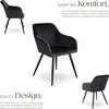 Multiple views of a black velvet armchair with black metal legs, presented with marketing text. Náhled obrázku produktu