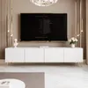 A modern living room with a white TV lowboard and a large television displaying credits.