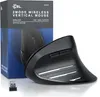 A black vertical wireless optical mouse and its packaging are displayed on a white background. Produktbild-Vorschau