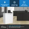 A white chest freezer is shown in a modern kitchen setting, with informational graphics at the top and a descriptive text box at the bottom. Produktbild-Vorschau
