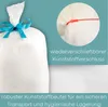 A close-up of a white bag filled with material, tied with a blue ribbon and a red plastic closure. Text describes features. Produktbild-Vorschau