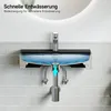 A cutaway view of a sink showing water draining and illustrating the concept of fast drainage due to the basin's slope. Produktbild-Vorschau