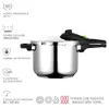 A stainless steel pressure cooker with its lid open, surrounded by feature icons and text. Podgląd zdjęcia produktu