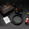 A collection of items for an EV charger, including the charger itself, a carrying bag, a manual, and mounting accessories, laid out on a dark surface. Produktbild-Vorschau