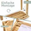 Collage showing details of wooden garden bench assembly, including tools and instructions. Produktbild-Vorschau