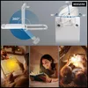 Collage showing a clip-on LED book light, its adjustable angles, and people using it while reading in different settings. Náhľad obrázku produktu