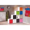 A room with a white cabinet, a floor lamp, and a modular shelving unit filled with colorful storage boxes. Produktbild-Vorschau