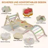 A wooden climbing structure for children, with various features highlighted by text labels and callouts. Podgląd zdjęcia produktu