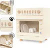 A collage of images showing a wooden toy dishwasher and its accessories, with close-ups of controls and interior. Náhľad obrázku produktu