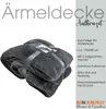 A folded grey blanket with a product label and text description on a light grey background. Produktbild-Vorschau