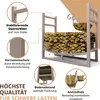 A metal firewood rack filled with logs, with callouts highlighting its features. Podgląd zdjęcia produktu