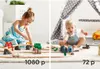 Two images side-by-side showing children playing with toys. The left image is clear and shows a girl playing with a train set. The right image is blurry and shows a baby playing with toys. Produktbild-Vorschau