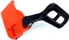 A chainsaw brake assembly with an orange plastic housing and a black handle, isolated on a white background. Produktbild-Vorschau