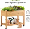 A wooden raised garden bed filled with plants, with gardening tools and a rabbit below. Podgląd zdjęcia produktu