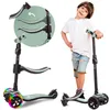 A young boy stands next to a green three-wheeled scooter, while a separate inset shows the scooter's adjustable handlebar.