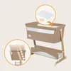 A baby crib/bed with an inset showing a mattress and another inset showing height adjustment options. Náhľad obrázku produktu