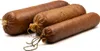 Three sausages in brown casing tied with string on a white background. Náhled obrázku produktu