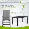 A marketing image showing a garden furniture set with a table and chairs, along with text describing its features and dimensions. Produktbild-Vorschau
