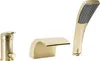 A set of gold-colored bathroom fixtures, including a faucet, a waterfall spout, and a handheld showerhead, displayed against a white background. Produktbild-Vorschau