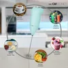 A light green Clatronic milk frother is shown in the center, surrounded by circular images illustrating its various uses. Produktbild-Vorschau