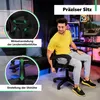 A man is sitting in a gaming chair in a room with gaming equipment and neon lights. The image highlights features of the chair with overlays. Produktbild-Vorschau