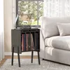 A record player and vinyl record storage unit is placed next to a sofa in a room with a window. Produktbild-Vorschau
