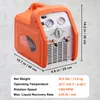 An orange and gray refrigerant recovery machine with measurement labels and a specification table. Podgląd zdjęcia produktu