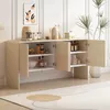 A light-colored sideboard with its doors open, displaying various items inside, set against a white paneled wall and a patterned rug. Anteprima dell’immagine prodotto