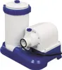 A white and blue swimming pool filter pump is shown on a white background. Voir les images du produit