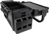 A black plastic tackle box with its lid open, showing internal compartments and external holders. Anteprima dell’immagine prodotto