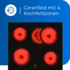 A close-up view of a black ceramic glass cooktop with four heating elements glowing red, set against a blue and white background with text. Produktbild-Vorschau