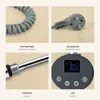 A collage of four close-up images showcasing different features of a heating element for a towel radiator. Produktbild-Vorschau