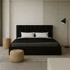 A modern bedroom with a black upholstered bed, white pillows, and a black throw blanket. Náhled obrázku produktu