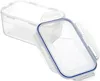 A clear plastic food storage container with its lid open, shown against a white background. Voir les images du produit