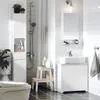 A modern bathroom setup with a white vanity, sink, mirror, and a tall storage cabinet. Produktbild-Vorschau
