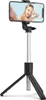 A selfie stick with a tripod base and a smartphone attached, displaying a woman taking a selfie. Voir les images du produit