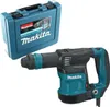 A teal and black Makita rotary hammer and its blue carrying case are displayed against a white background. Podgląd zdjęcia produktu