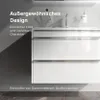 A modern bathroom vanity with two drawers, featuring a sleek white finish and chrome handles. The image includes text overlays highlighting the design and origin of the product. Produktbild-Vorschau