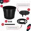 A collection of parts for a plant pot system, including the pot itself, a drainage insert, and other accessories, with labels indicating their function. Produktbild-Vorschau