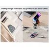 A collage of images showing a portable wireless charger in different scenarios, including being packed in a bag, charging devices on a desk, and a comparison with messy cables. Produktbild-Vorschau