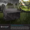 A garden bench covered by a protective cover during a rain shower, with a separate inset showing the uncovered bench in sunlight. Produktbild-Vorschau