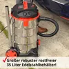 A wet/dry vacuum cleaner is shown next to a car, with a person's shoe visible. Produktbild-Vorschau