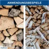 A split image showing two piles of cut firewood. The left side shows larger, rougher logs, and the right side shows smaller, cleaner logs, some with bark. Produktbild-Vorschau