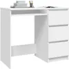 A white desk with drawers and a keyboard tray is shown from a front-angle perspective. Produktbild-Vorschau
