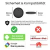 An image showcasing the safety and compatibility features of a small, round electronic device. Produktbild-Vorschau